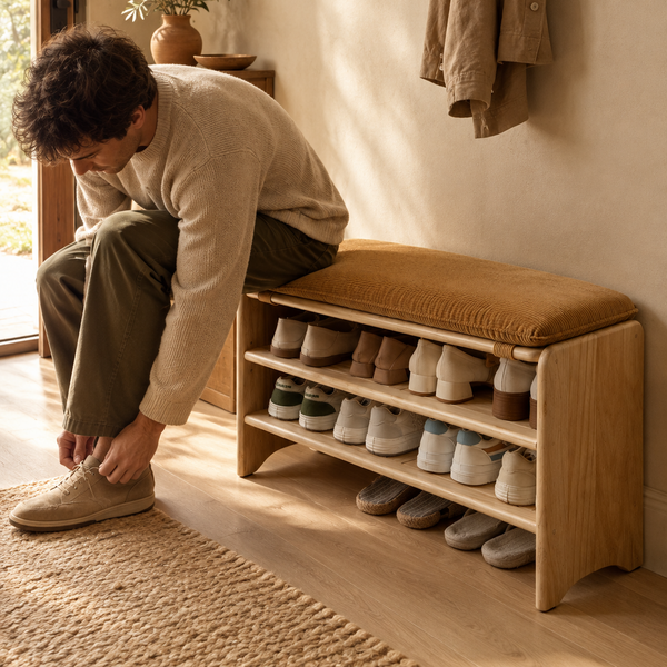 Solid Wood Shoe Bench with Ginger Corduroy Cushion – view 4