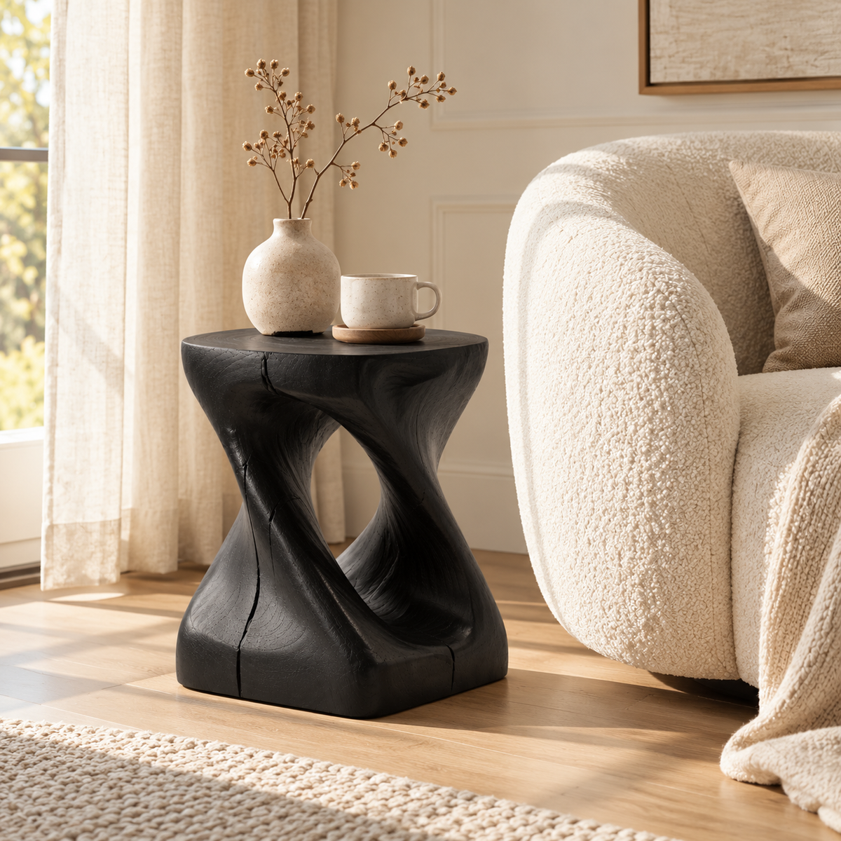 Black sculptural twisted side table, modern spiral accent table