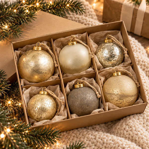 Textured Metallic Glass Ball Christmas Ornaments, Boxed Set of 6 – Gold, Silver & Grey, 3" and 4"