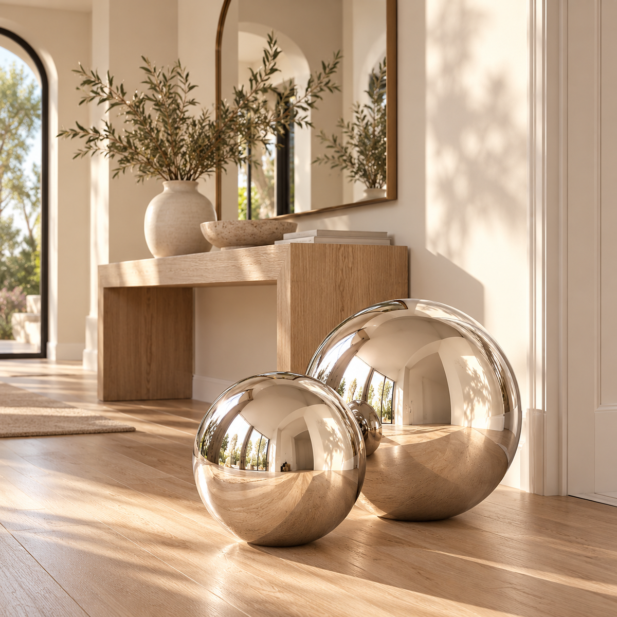 Set of 2 silver stainless steel decorative orbs, 12 and 16 inch