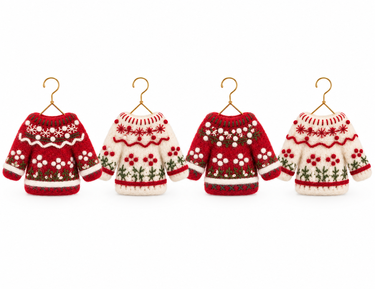 Felted Sweater Christmas Tree Ornaments – Mini Fair Isle Knit Sweaters, Red & White, Set of 4 or 8