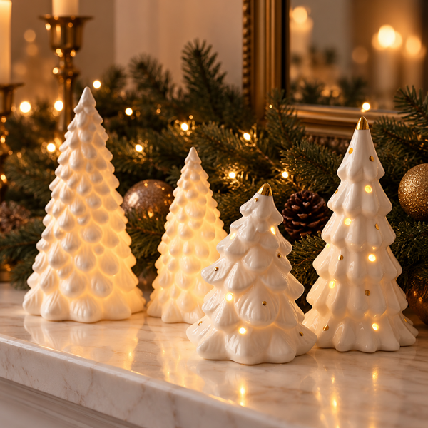 White Ceramic Christmas Trees with Lights