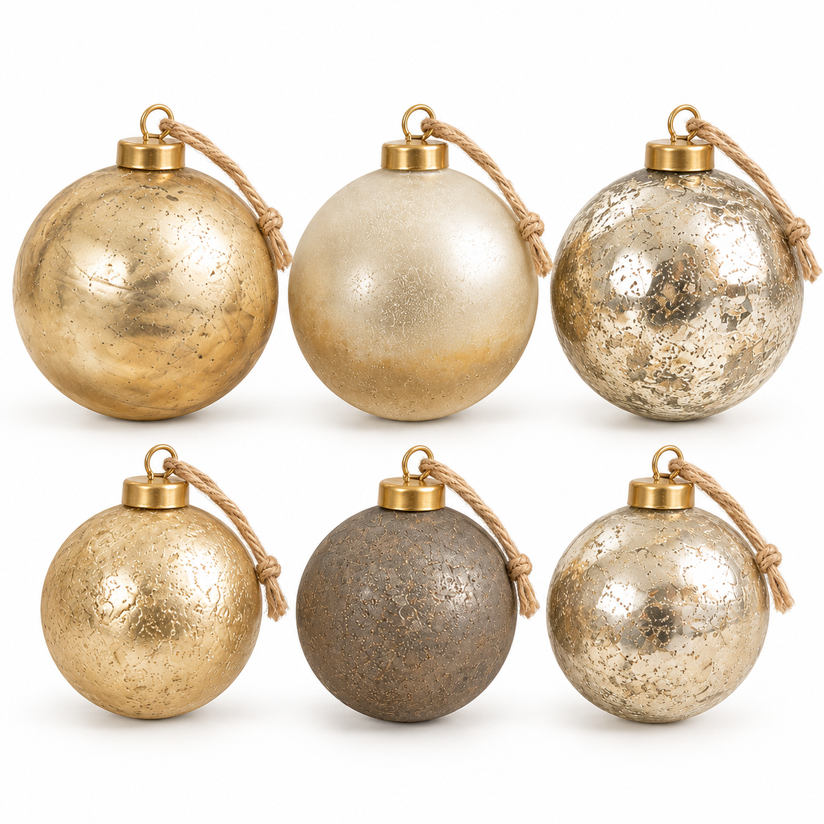 Textured Metallic Glass Ball Christmas Ornaments, Boxed Set of 6 – Gold, Silver & Grey, 3" and 4"
