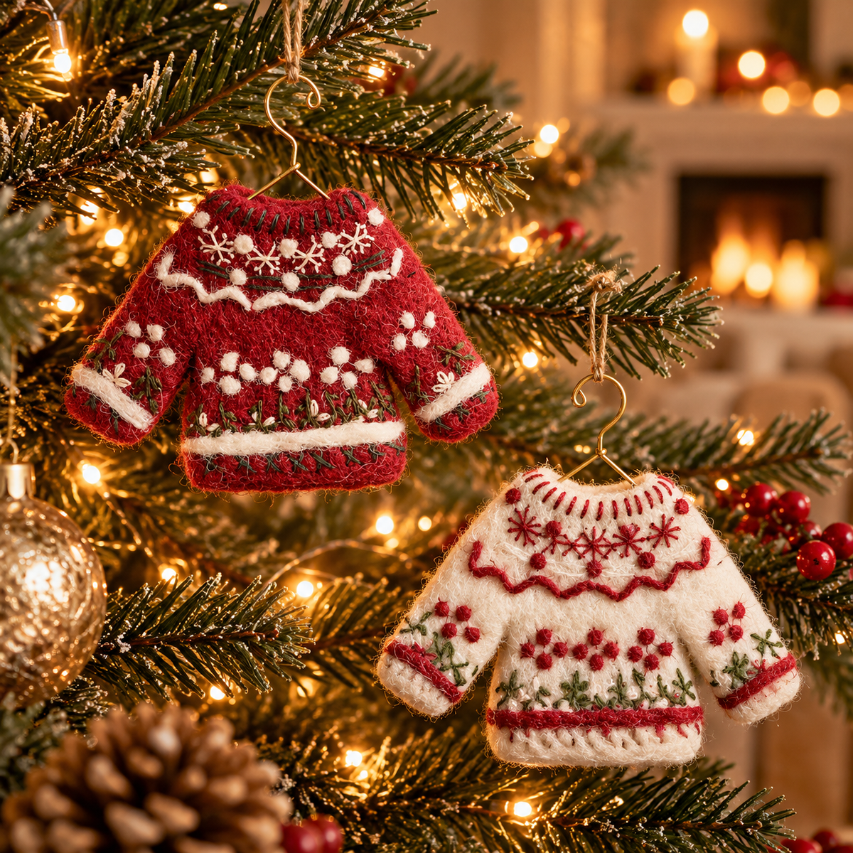 Felted Sweater Christmas Tree Ornaments – Mini Fair Isle Knit Sweaters, Red & White, Set of 4 or 8