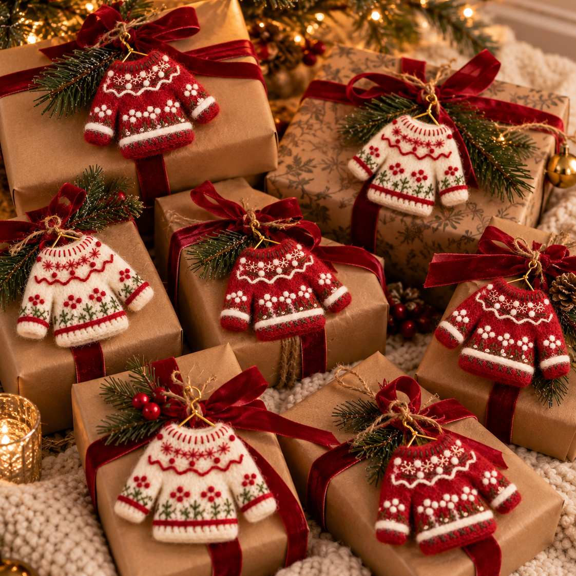 Felted Sweater Christmas Tree Ornaments – Mini Fair Isle Knit Sweaters, Red & White, Set of 4 or 8