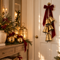 Brass Bell Door Swag with Red Velvet Ribbon – 5 Vintage Christmas Bells for Front Door, Wreath & Banister