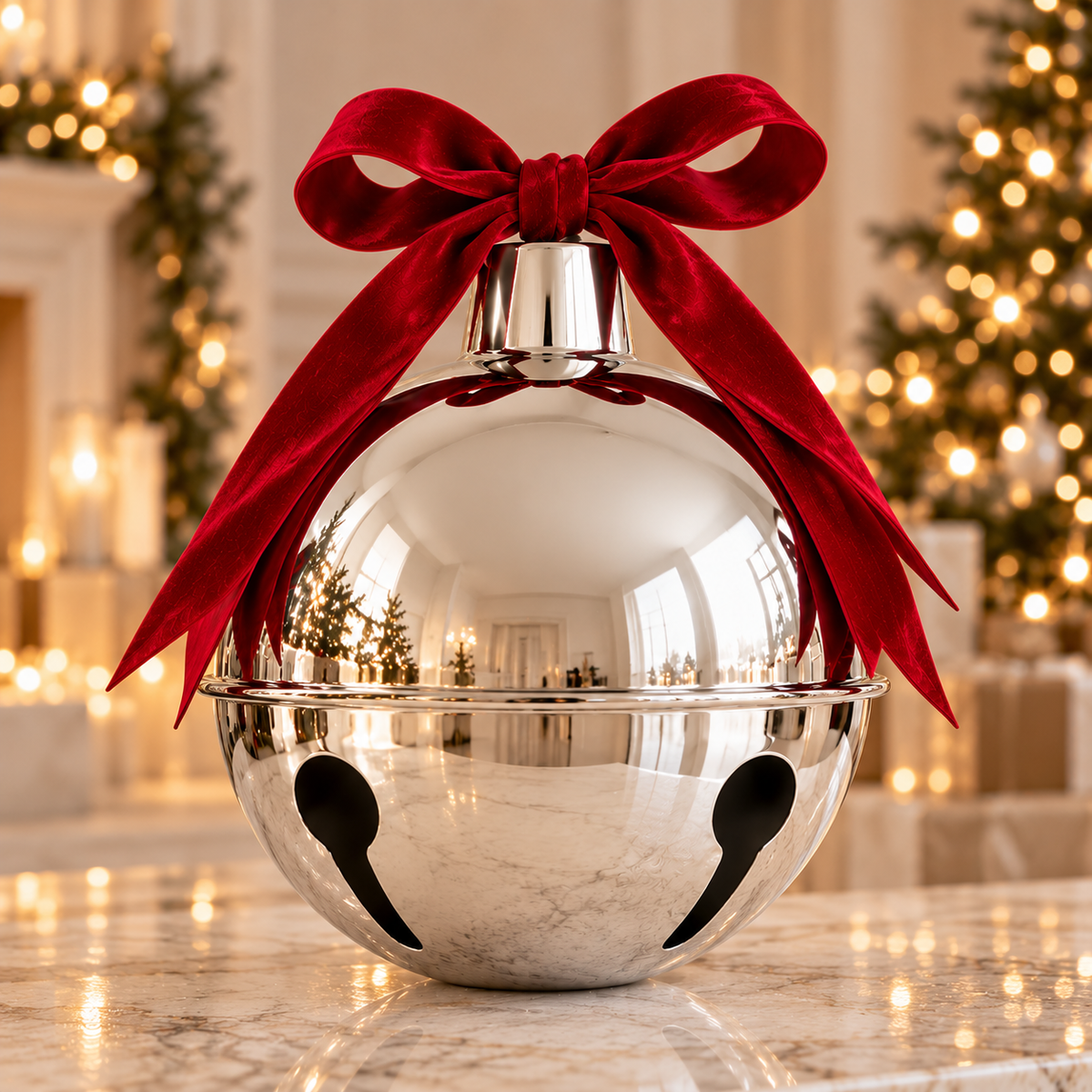 Decorative Silver Holiday Bells with Velvet Bow – Oversized Inflatable Christmas Jingle Bells