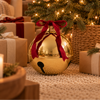 Decorative Gold Metal Holiday Bells with Red Velvet Bow – view 2