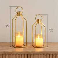 Gold Metal Candle Lanterns with LED Flameless Candles – Timer & Remote, Indoor/Outdoor Holiday Decor, 12" & 15"