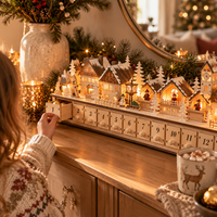 Wooden Christmas Village Advent Calendar with LED Lights – 24 Countdown Drawers, Light-Up Holiday Market Mantel Decor