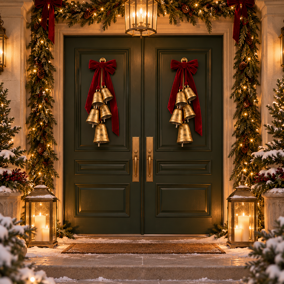 Brass Bell Door Swag with Red Velvet Ribbon – 5 Vintage Christmas Bells for Front Door, Wreath & Banister