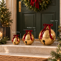 Decorative Gold Metal Holiday Bells with Red Velvet Bow – Oversized Christmas Jingle Bells