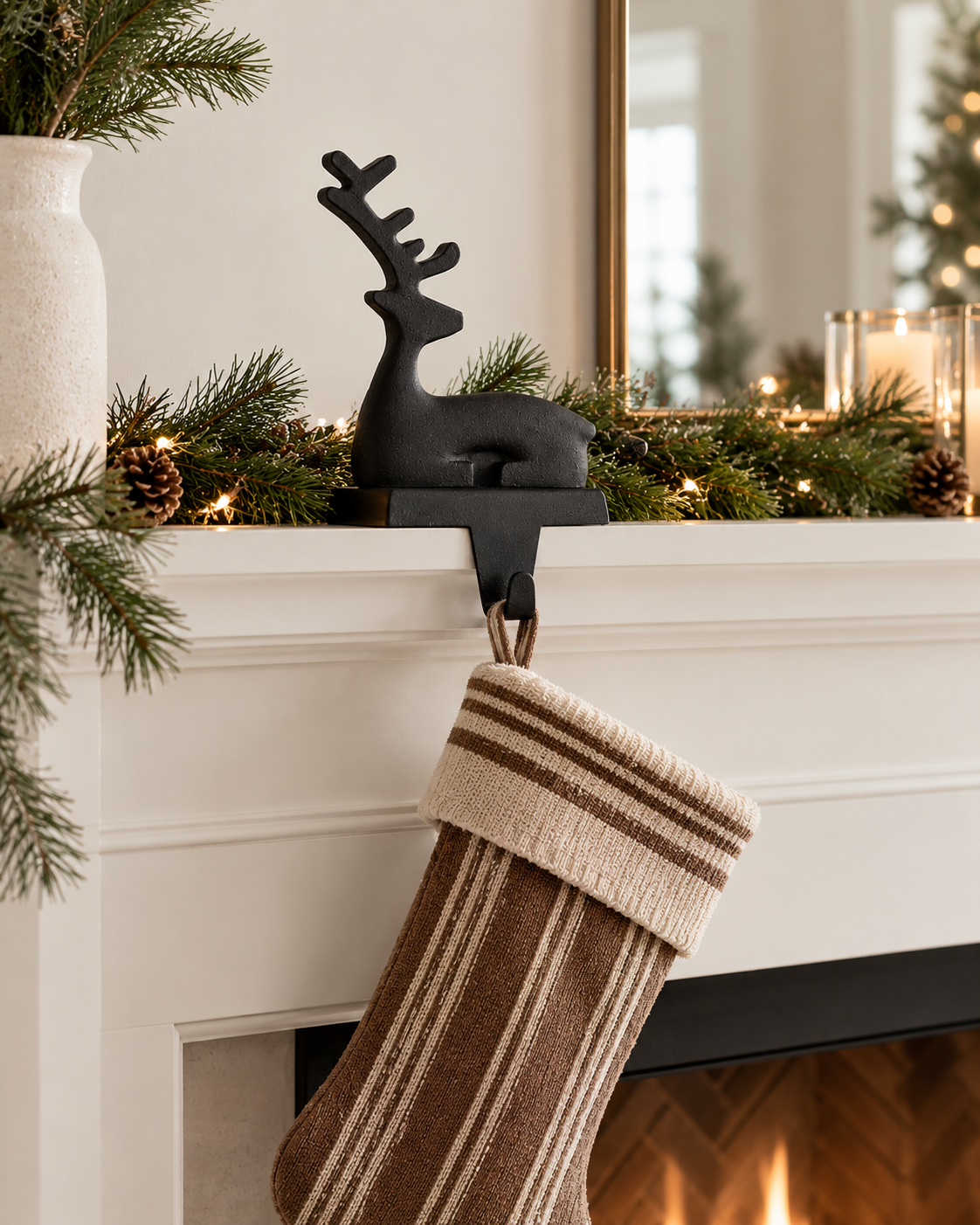 Sitting Reindeer Christmas Stocking Holder – Weighted Metal Mantel Hook, Bronze or Black