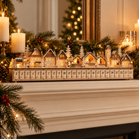 Wooden Christmas Village Advent Calendar with LED Lights – 24 Countdown Drawers, Light-Up Holiday Market Mantel Decor
