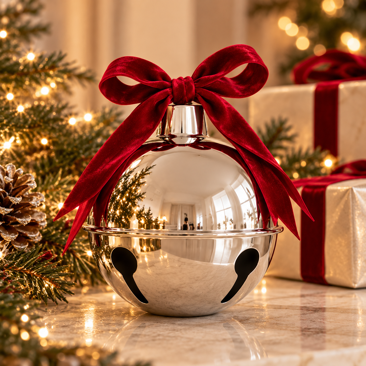 Decorative Silver Holiday Bells with Velvet Bow – Oversized Inflatable Christmas Jingle Bells