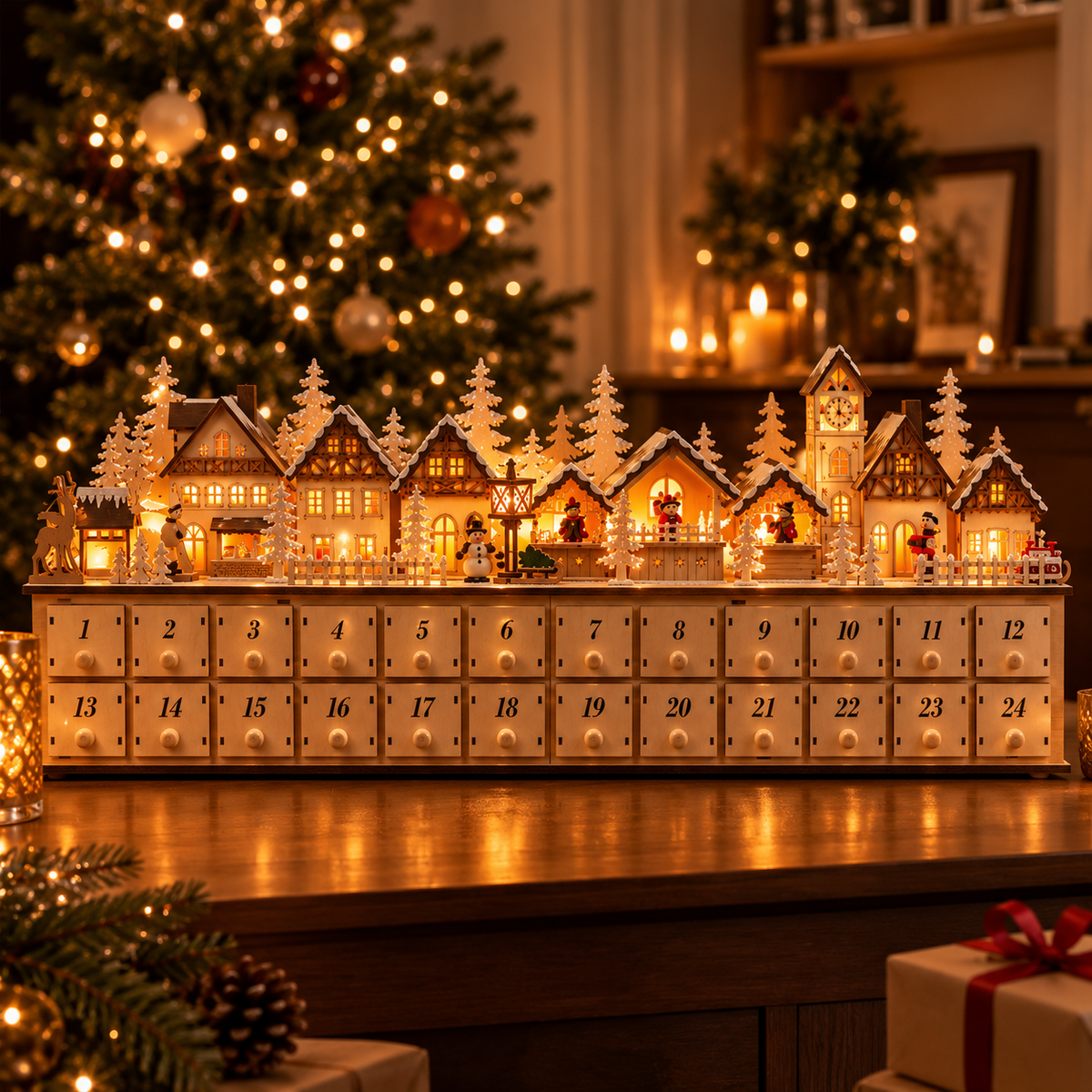 Wooden Christmas Village Advent Calendar with LED Lights – 24 Countdown Drawers, Light-Up Holiday Market Mantel Decor