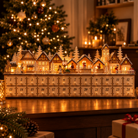 Wooden Christmas Village Advent Calendar with LED Lights – 24 Countdown Drawers, Light-Up Holiday Market Mantel Decor