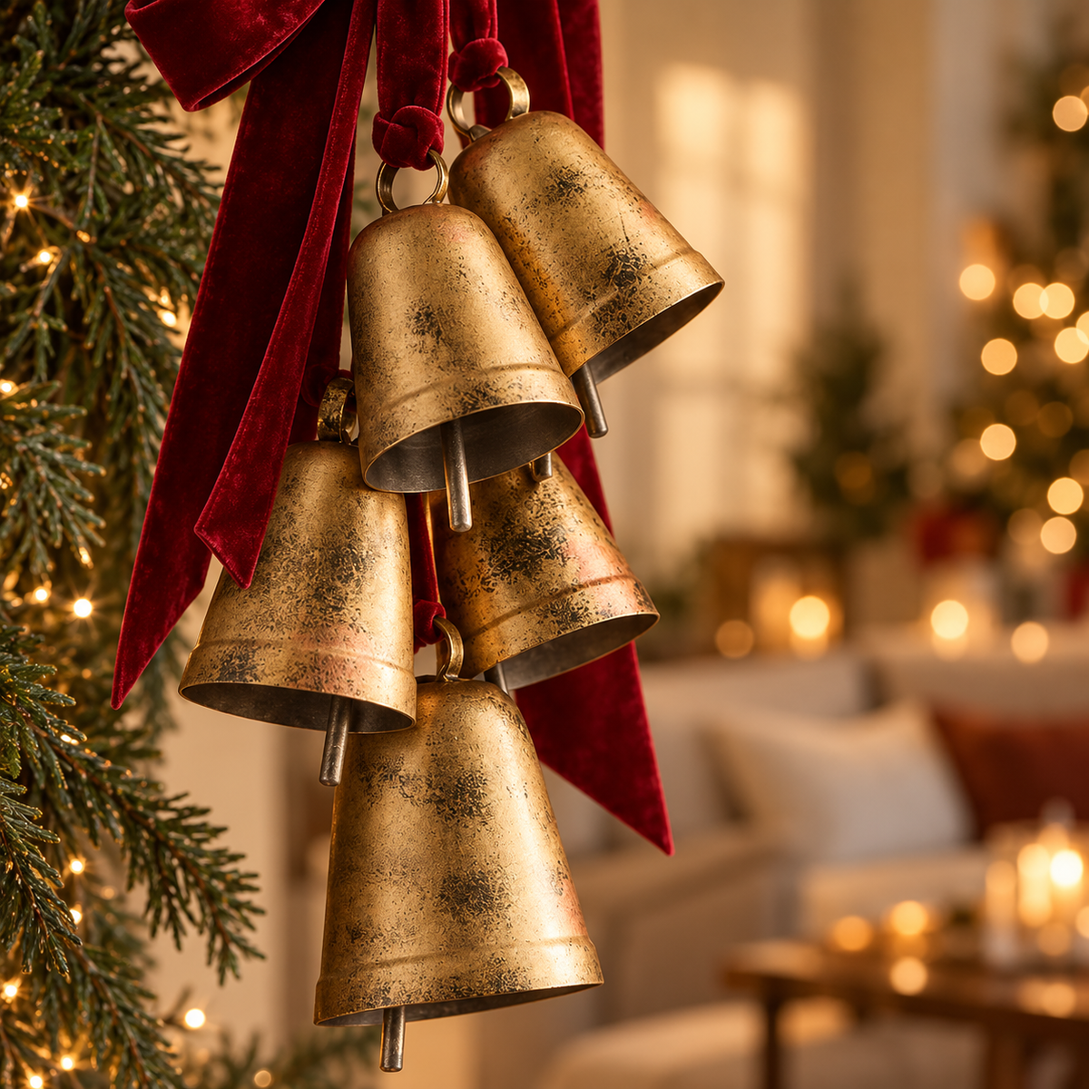 Brass Bell Door Swag with Red Velvet Ribbon – 5 Vintage Christmas Bells for Front Door, Wreath & Banister