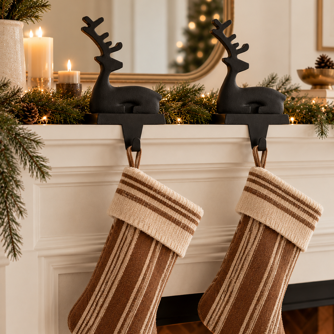 Sitting Reindeer Christmas Stocking Holder – Weighted Metal Mantel Hook, Bronze or Black