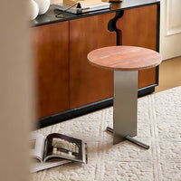 Travertine Side Table for Living Room, Round Stone End Table, Natural Beige – view 4