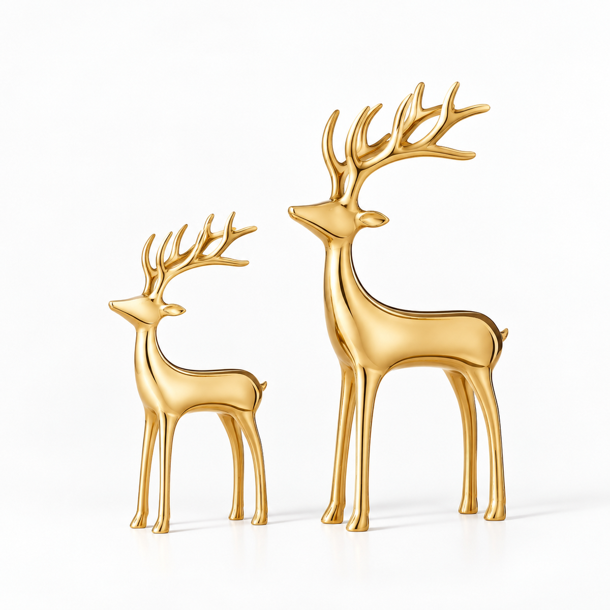 Set of 2 gold brass reindeer figurines, 8 and 12 inch