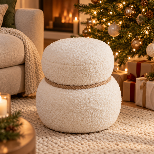 Snowman Stool – Plush Round Belly Christmas Footstool & Ottoman, 17" Tall, White, Light Brown or Green