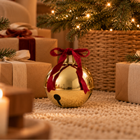 Decorative Gold Metal Holiday Bells with Red Velvet Bow