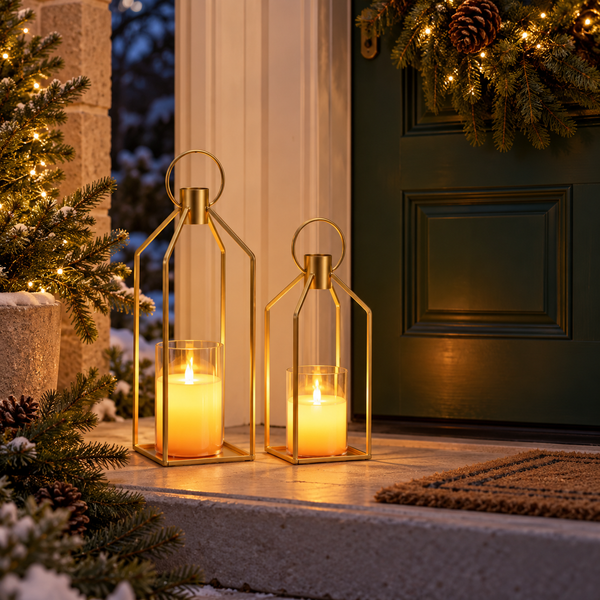 Gold Metal Candle Lanterns with LED Flameless Candles – Timer & Remote, Indoor/Outdoor Holiday Decor, 12" & 15"