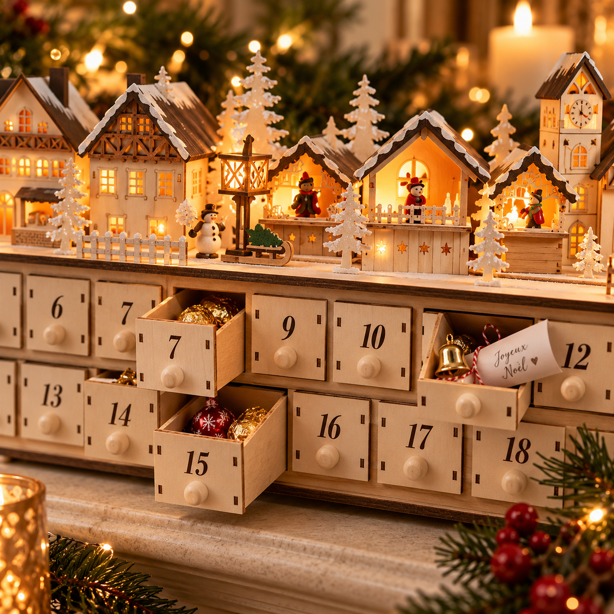 Wooden Christmas Village Advent Calendar with LED Lights – 24 Countdown Drawers, Light-Up Holiday Market Mantel Decor