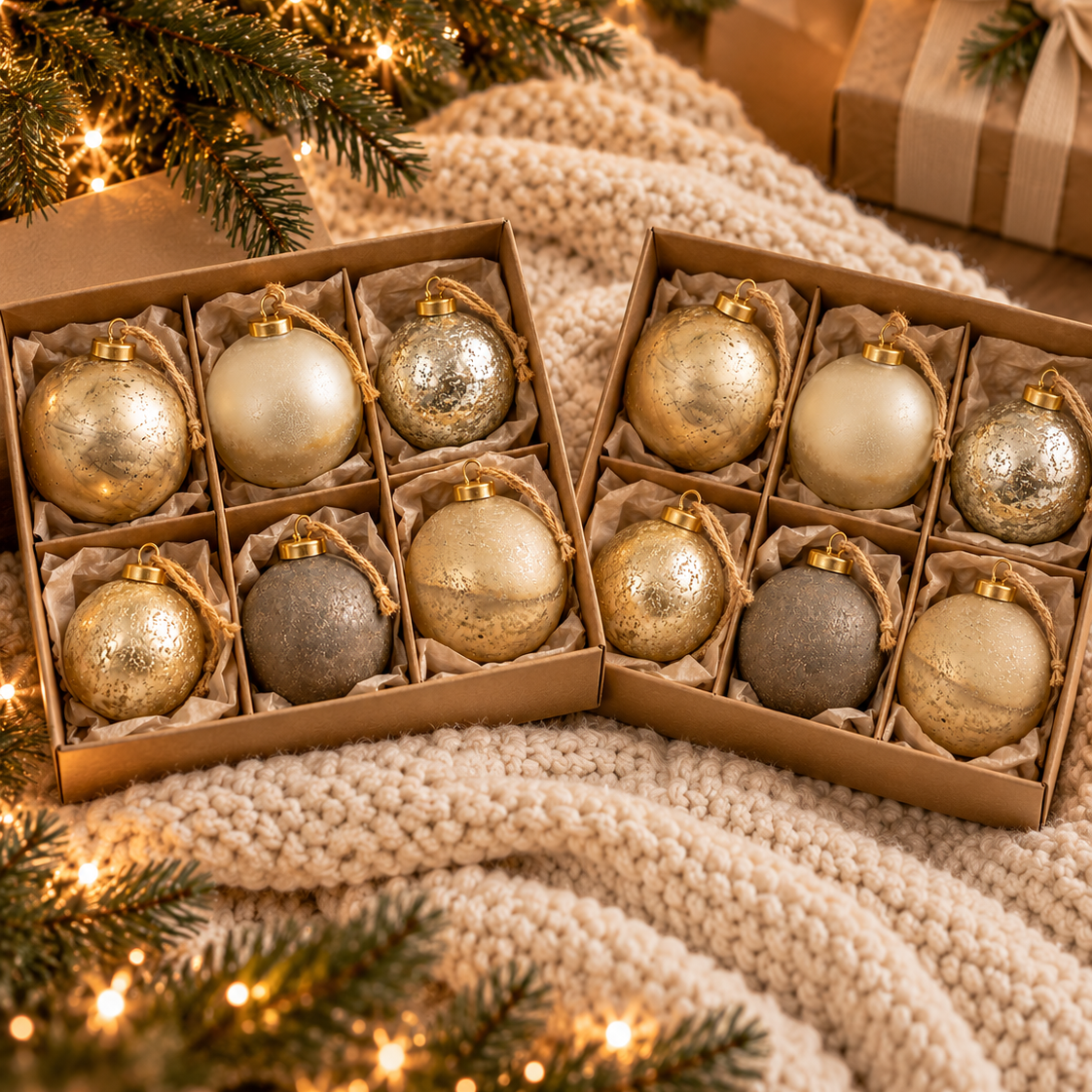 Textured Metallic Glass Ball Christmas Ornaments, Boxed Set of 6 – Gold, Silver & Grey, 3" and 4"
