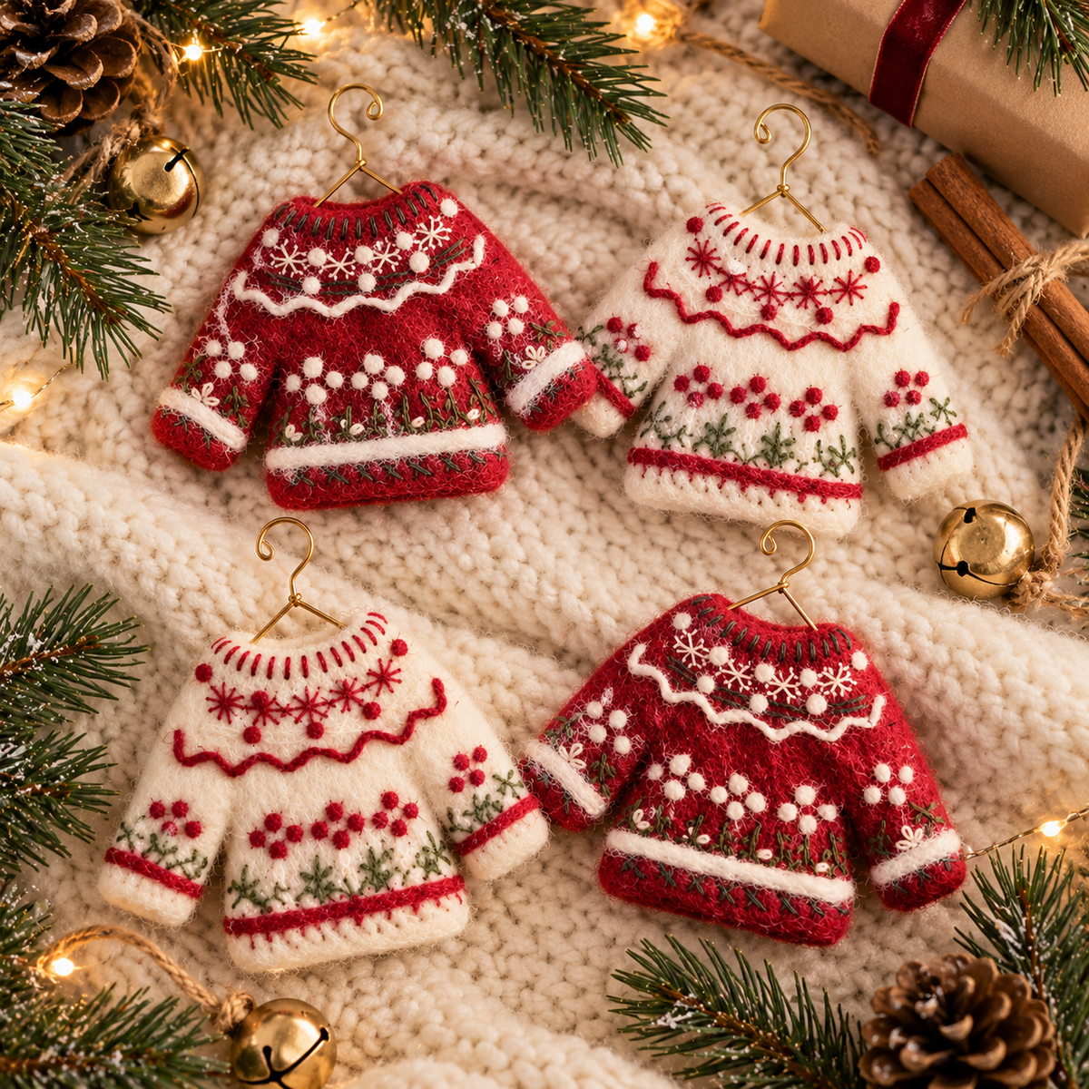 Felted Sweater Christmas Tree Ornaments – Mini Fair Isle Knit Sweaters, Red & White, Set of 4 or 8