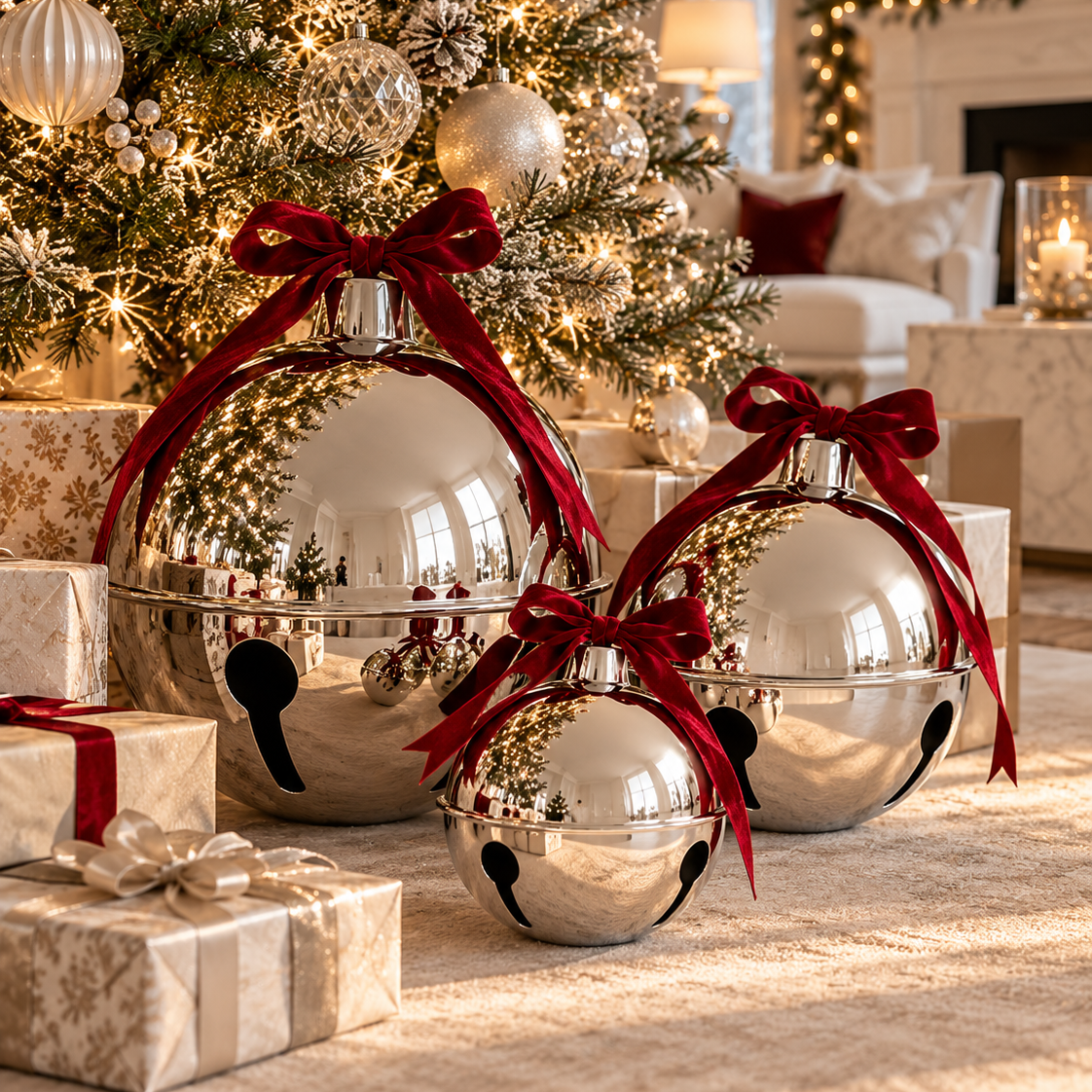 Decorative Silver Holiday Bells with Velvet Bow – Oversized Inflatable Christmas Jingle Bells