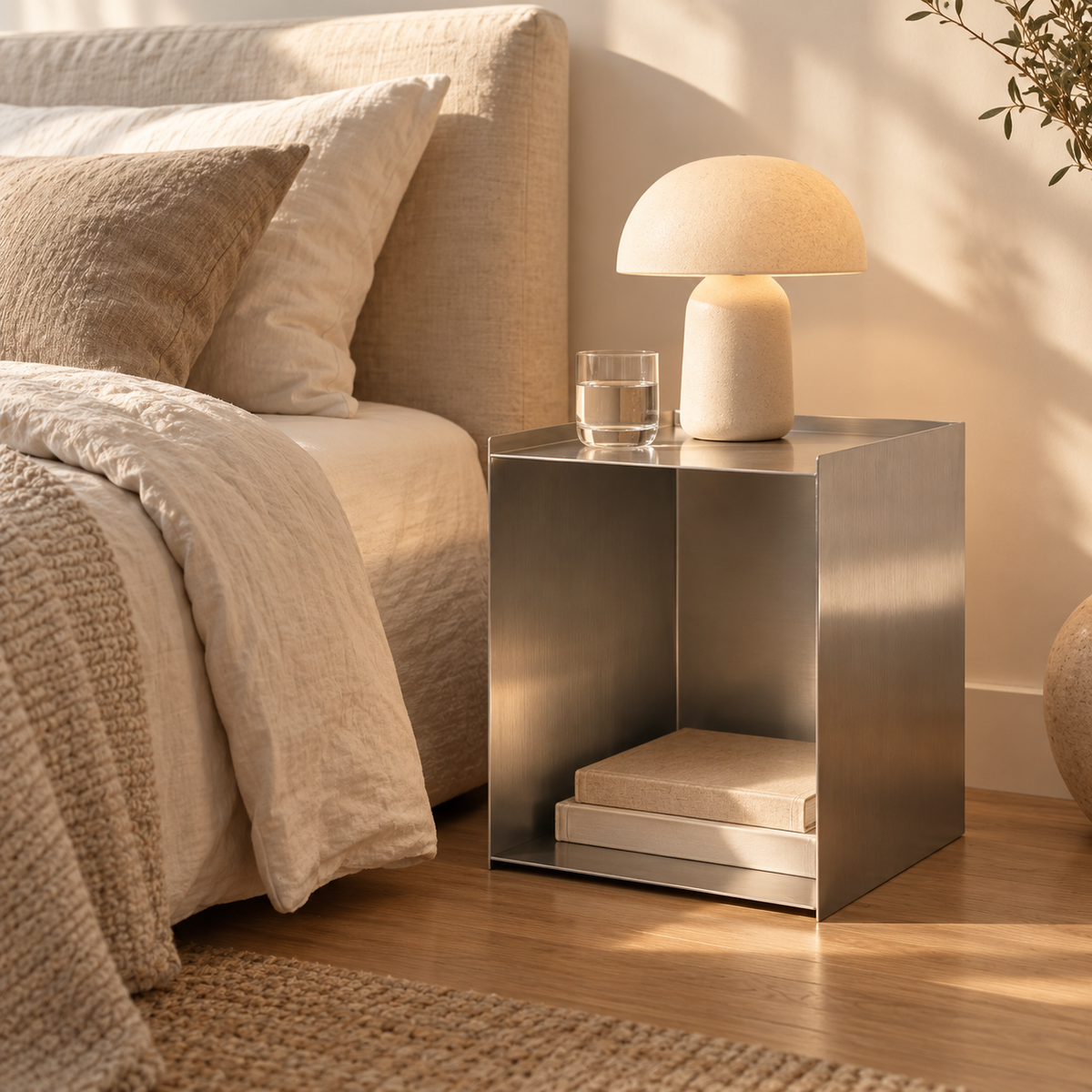 Brushed Stainless Steel Side Table – Modern Cube Nightstand & End Table, 20" Tall, Fully Assembled