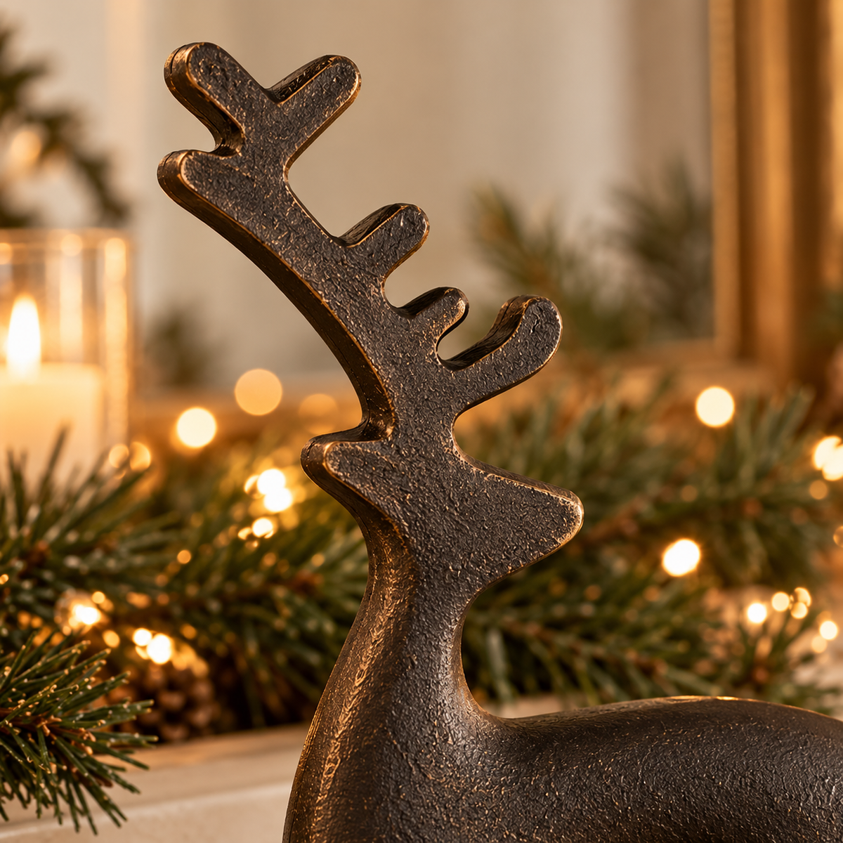 Sitting Reindeer Christmas Stocking Holder – Weighted Metal Mantel Hook, Bronze or Black