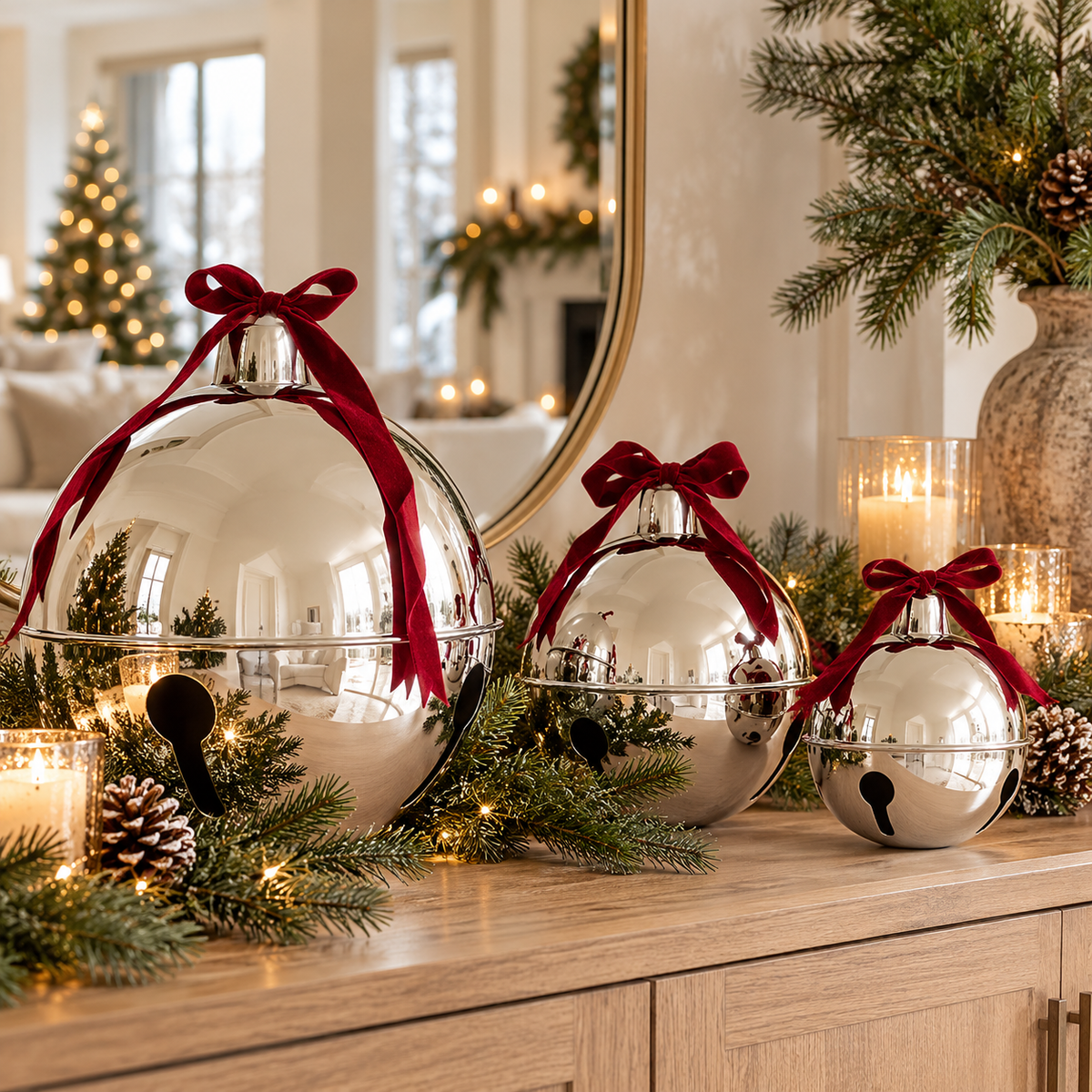 Decorative Silver Holiday Bells with Velvet Bow – Oversized Inflatable Christmas Jingle Bells