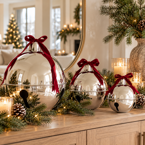 Decorative Silver Holiday Bells with Velvet Bow – Oversized Inflatable Christmas Jingle Bells