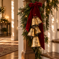 Brass Bell Door Swag with Red Velvet Ribbon – 5 Vintage Christmas Bells for Front Door, Wreath & Banister