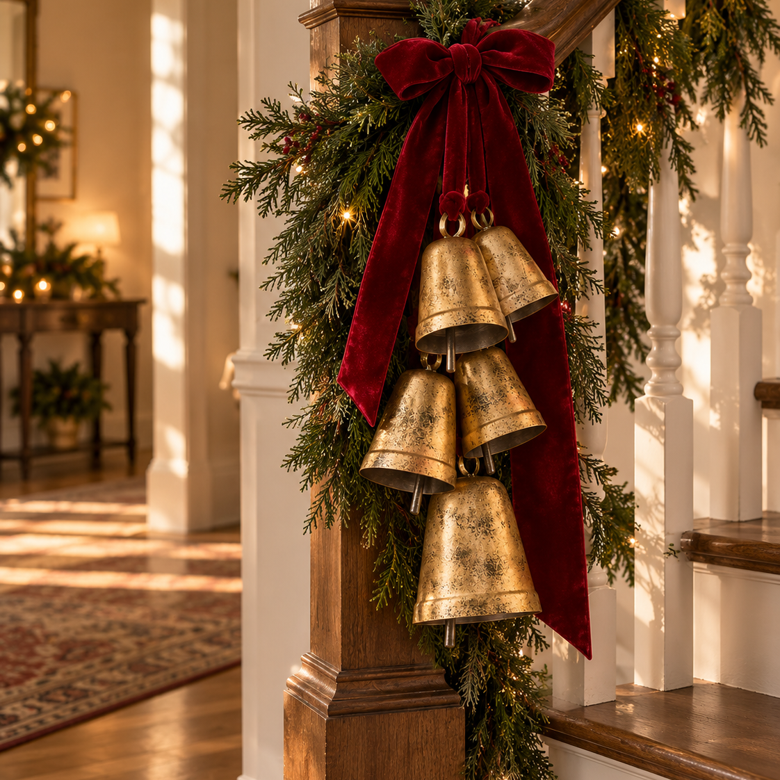 Brass Bell Door Swag with Red Velvet Ribbon – 5 Vintage Christmas Bells for Front Door, Wreath & Banister