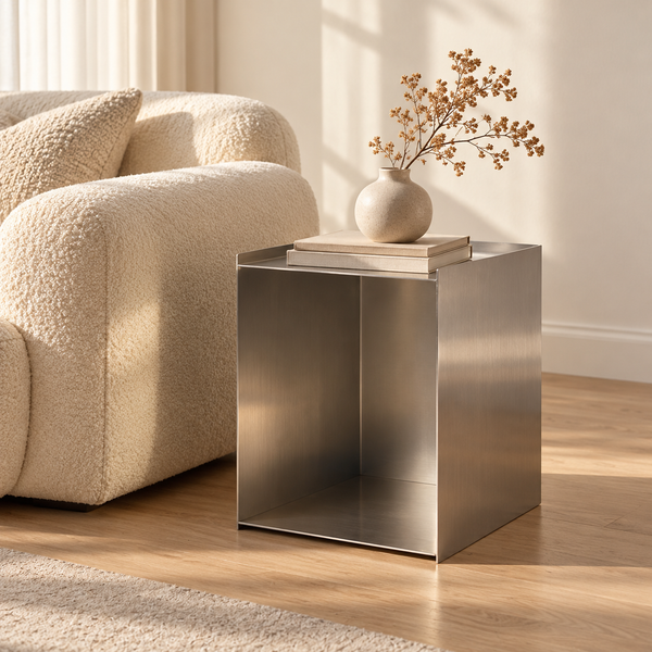 Brushed Stainless Steel Side Table – Modern Cube Nightstand & End Table, 20" Tall, Fully Assembled