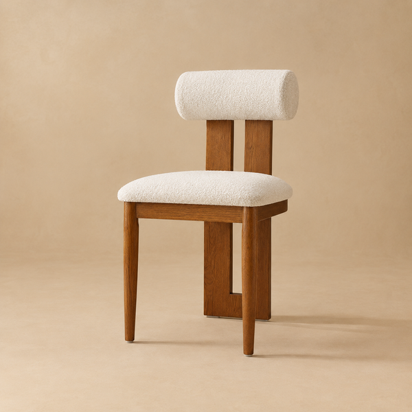 Cream Bouclé Dining Chair with Wood Frame