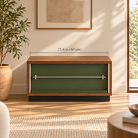 Mid-Century Modular Storage Cabinet 23.6" – Low Wood Record & Media Cabinet with Olive Green Door & Chrome Bar Handle