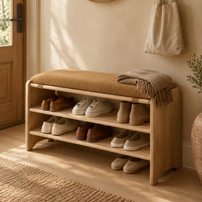 Solid Wood Shoe Bench with Ginger Corduroy Cushion